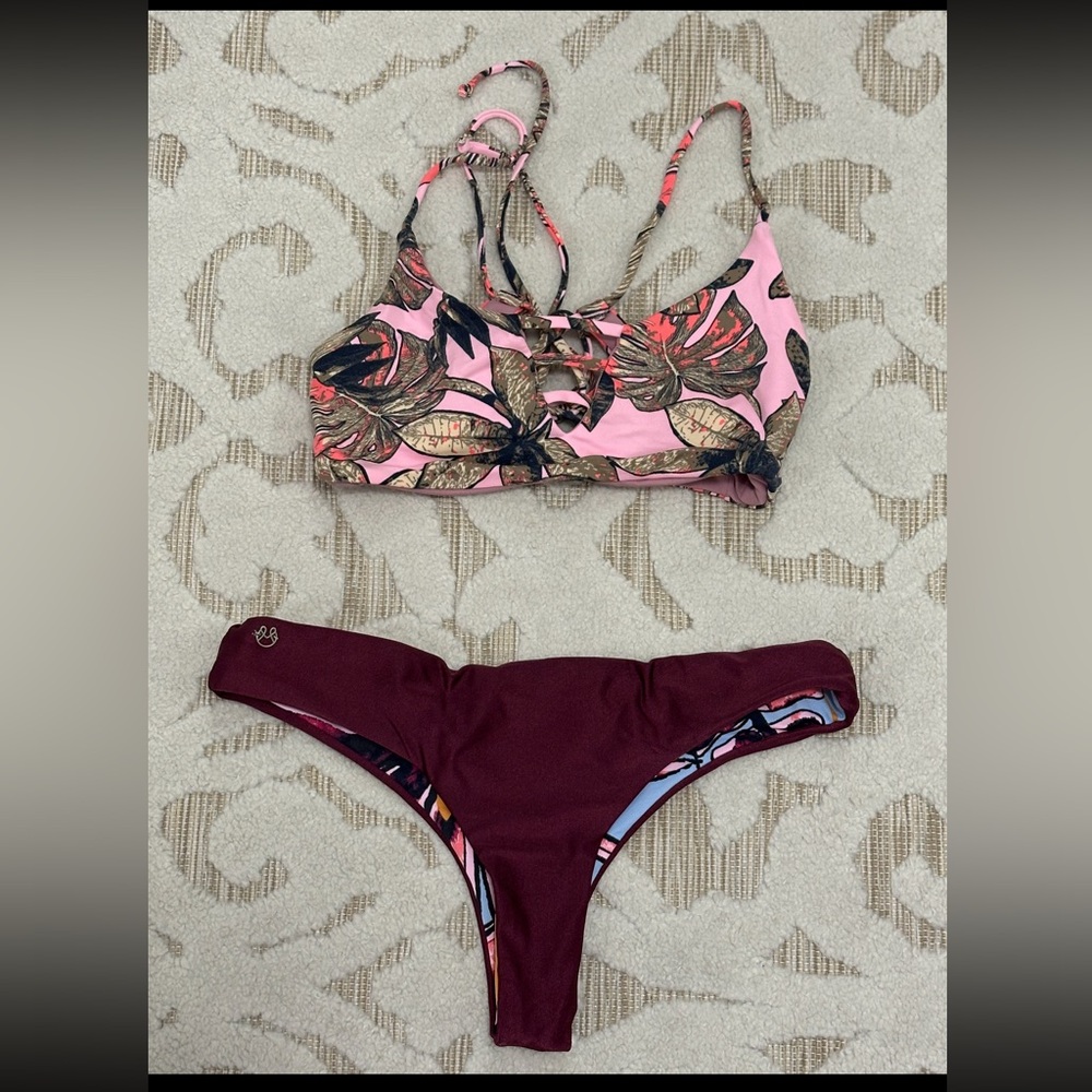 Maaji Pink Tropical Print Lace-Up Bikini Top with Maroon Bottom
